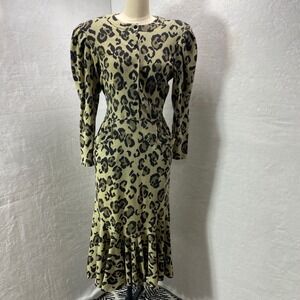 VTG Choon Leopard Print Fit & Flare Midi Dress Puff Sleeve Mermaid Hem Retro